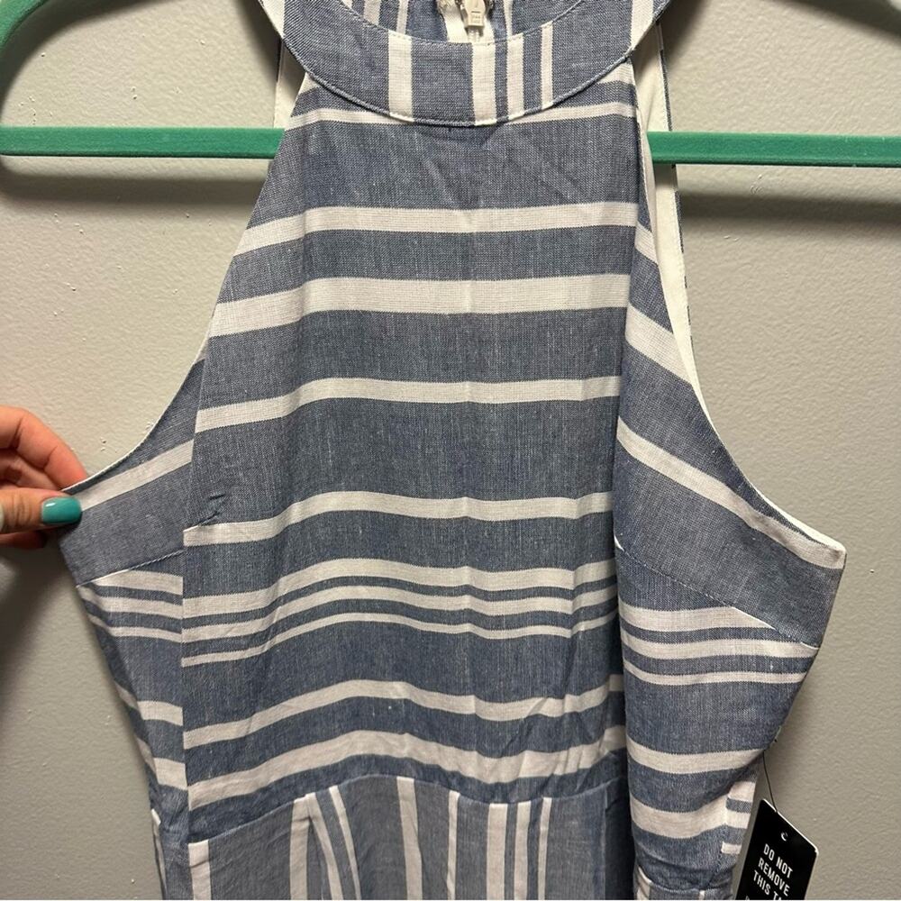 Express white/blue cotton blend striped wide leg high neck jumpsuit NWT Size S - Picture 3 of 9